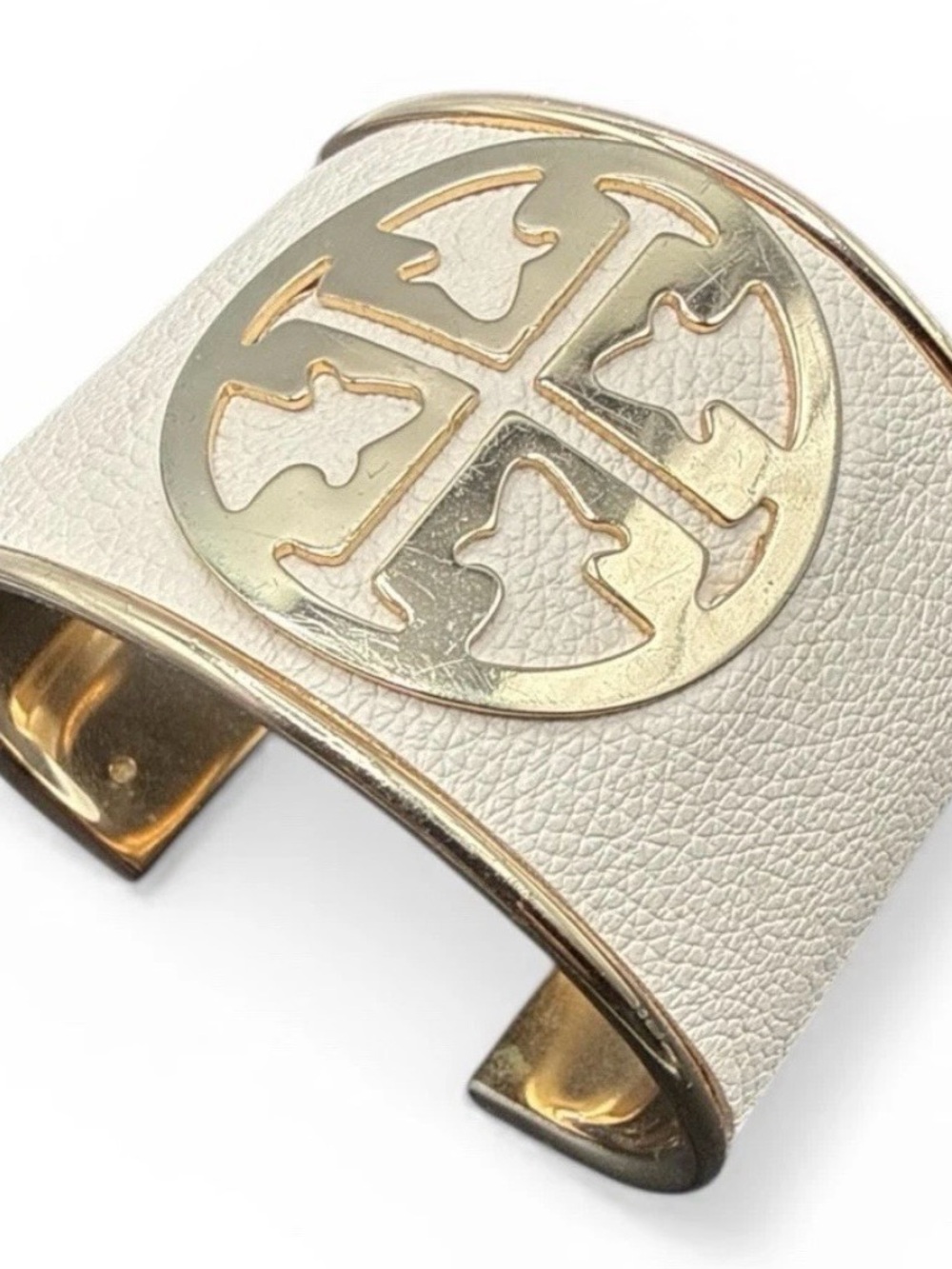 Tory Burch 7in Gold Tone White Faux Leather Oversized Cuff Bracelet